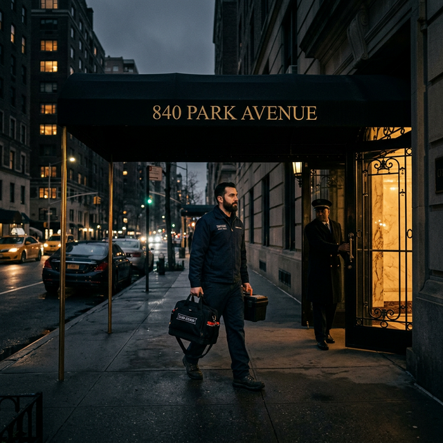 Professional technician arriving at a luxury NYC apartment building for Sub-Zero appliance repair service
