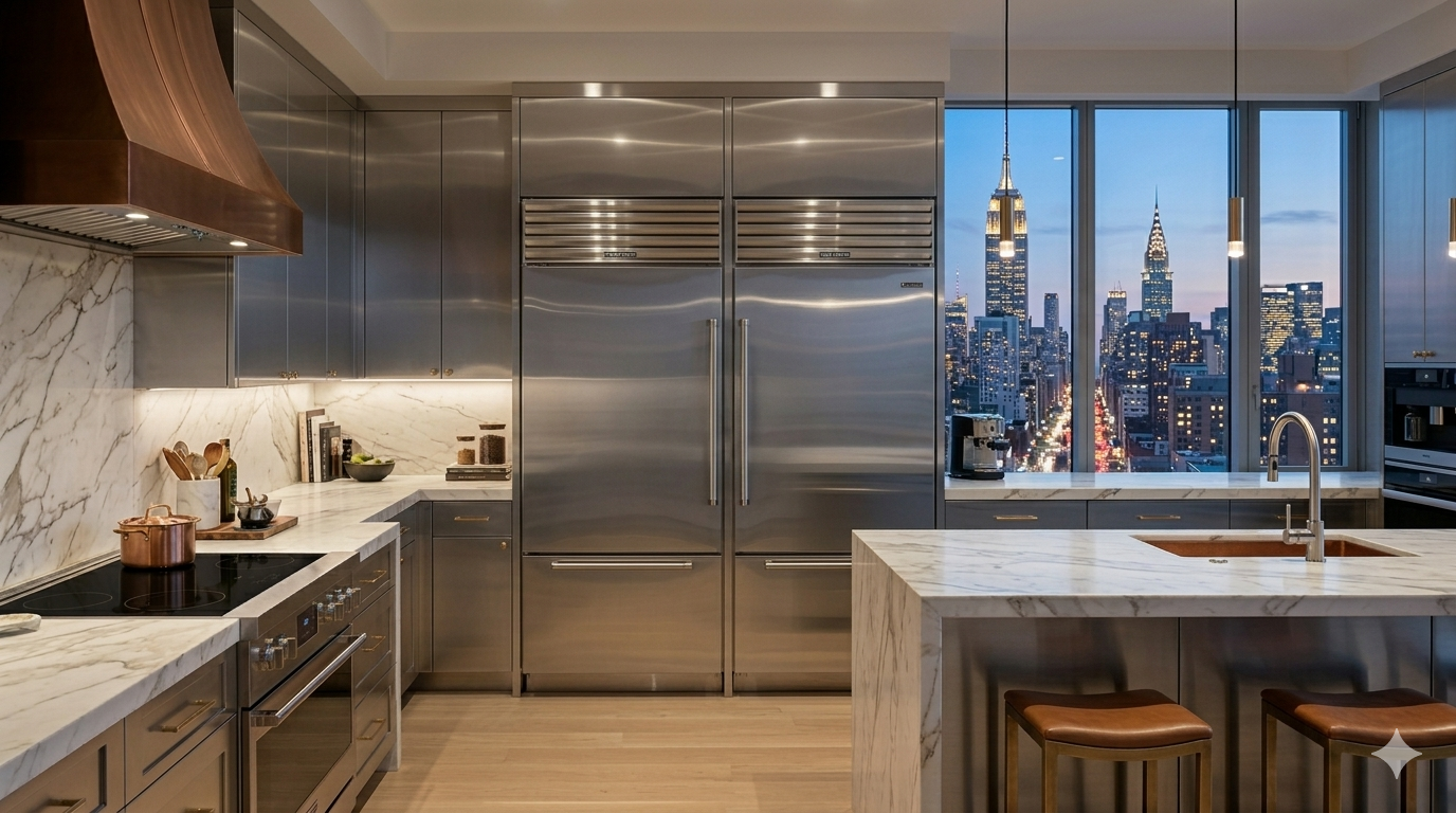 Spacious modern kitchen in a Queens family home with Sub-Zero French door refrigerator and natural light